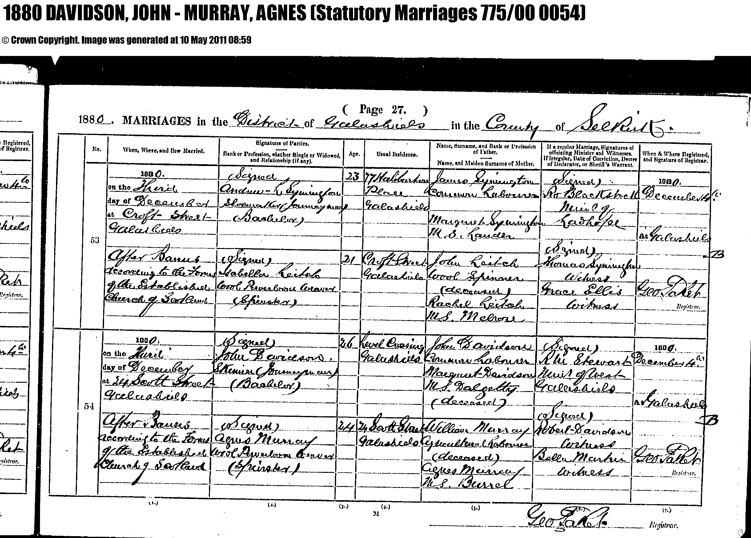 John Davidson & Agnes Muray marriage 1880, December 3, 1880, Linked To: <a href='i499.html' >Agnes Burrell 🧬</a>